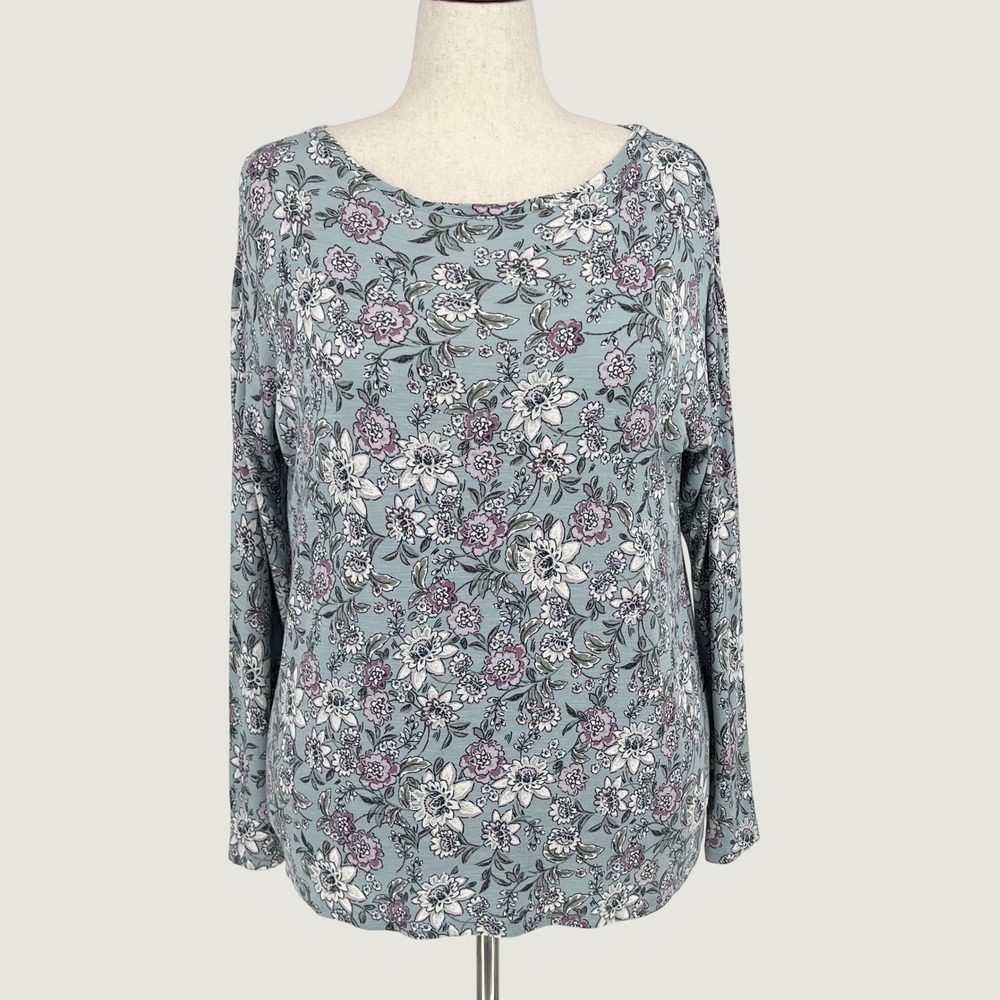J. Jill Womens Floral Long Sleeve Back Pleat Top M P Blue Purple Grandma Core